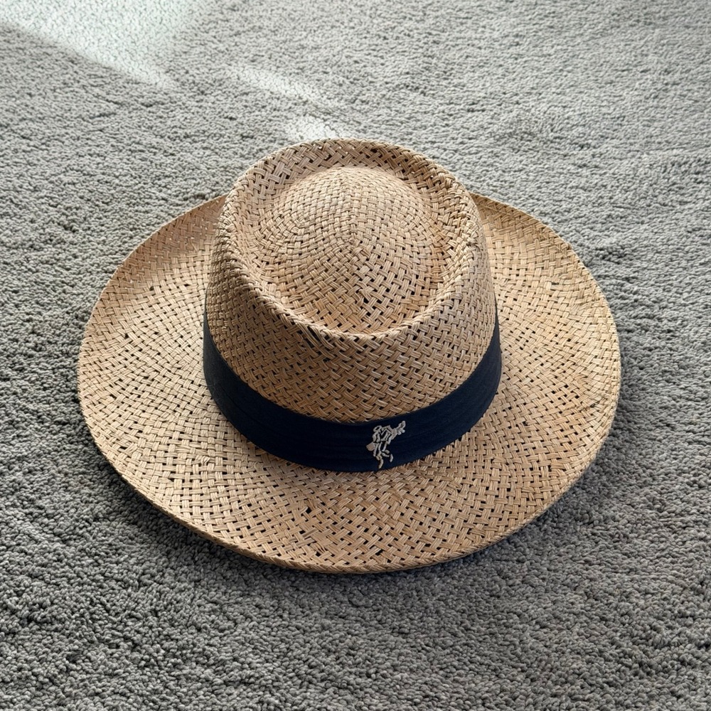 Ashworth Mens Straw Fedora Golf Hat‎ Tan Navy Blue Band Logo USA Large XL